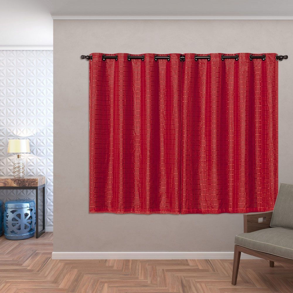 Cortina Blackout Pvc Com Tecido Voil Xadrez 2,80 M X 1,60 M - Vermelho