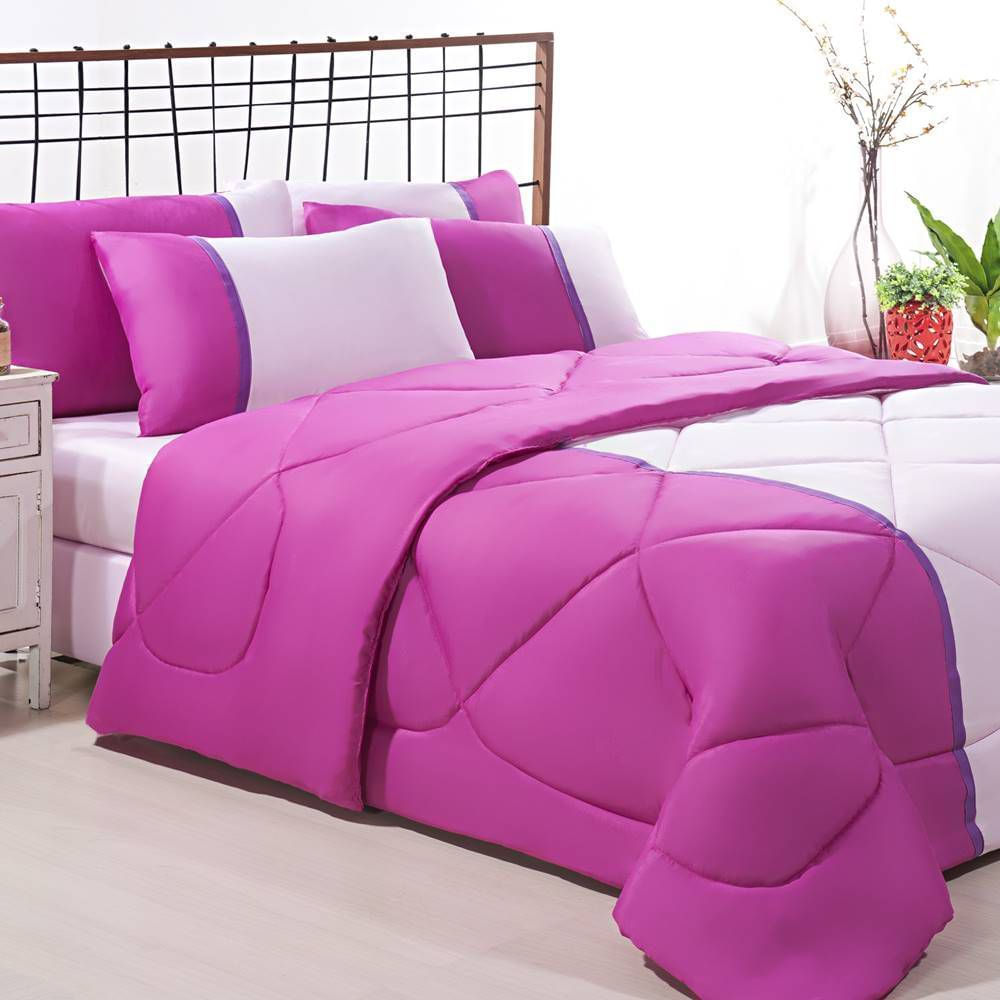 Enxoval Edredom + Jogo De Cama King Aconchego Premium 06 Peças - Pink/ Rosa Bebe