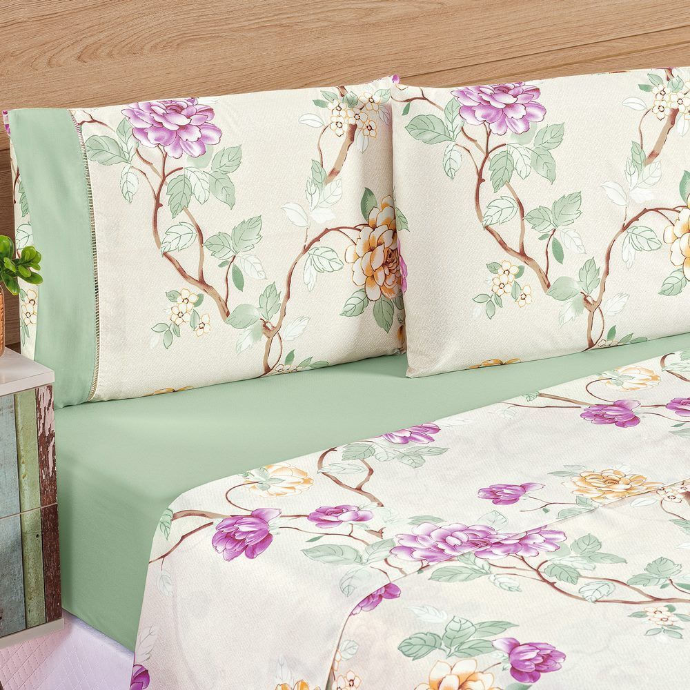 Jogo De Cama Estampado Micropercal 200 Fios Naturale King 04 Peças - Belle