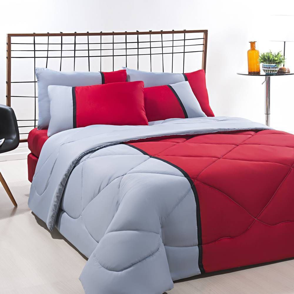 Enxoval Edredom + Jogo De Cama King Aconchego Premium 06 Peças - Vermelho/ Cinza