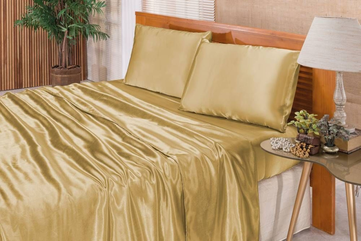 Jogo De Cama Lençol Cetim Queen Romantic 04 Peças - Dourado