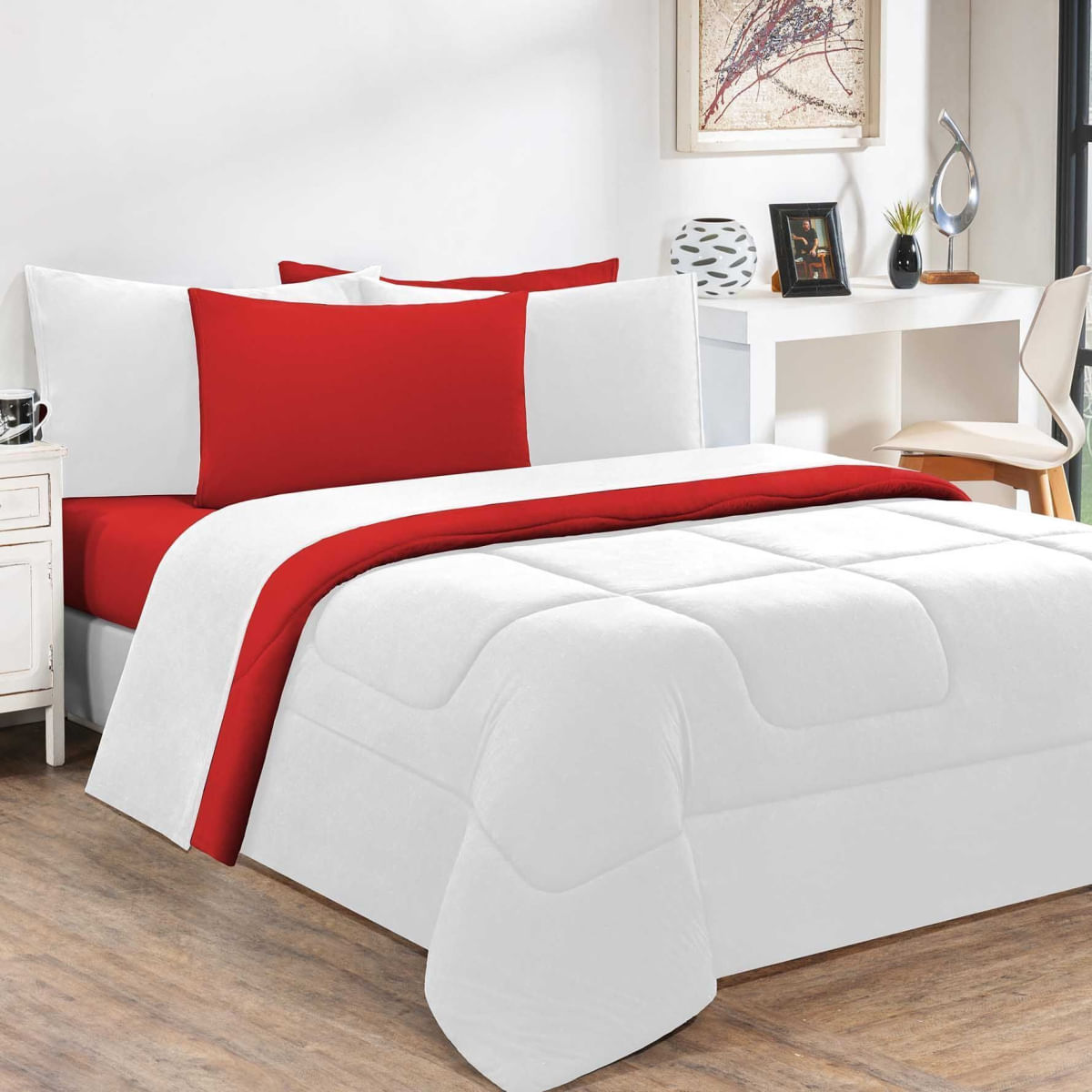 Kit Edredom + Jogo De Lençol Malha 100% Algodão Gran Moratta 6 Peças Queen - Branco/Vermelho