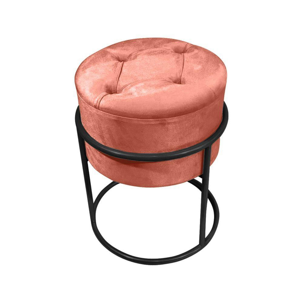 Puff Decorativo Redondo Com Capitonê Base De Ferro Preta Tecido Veludo Rosê Rosa