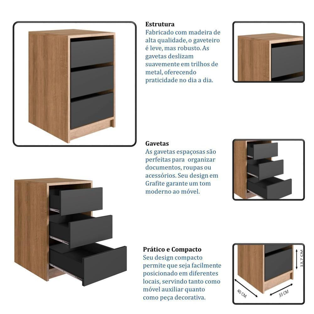Gaveteiro Para Escritorio 36 Cm 3 Gavetas P1045 Mell Grafite Pp Milani Store