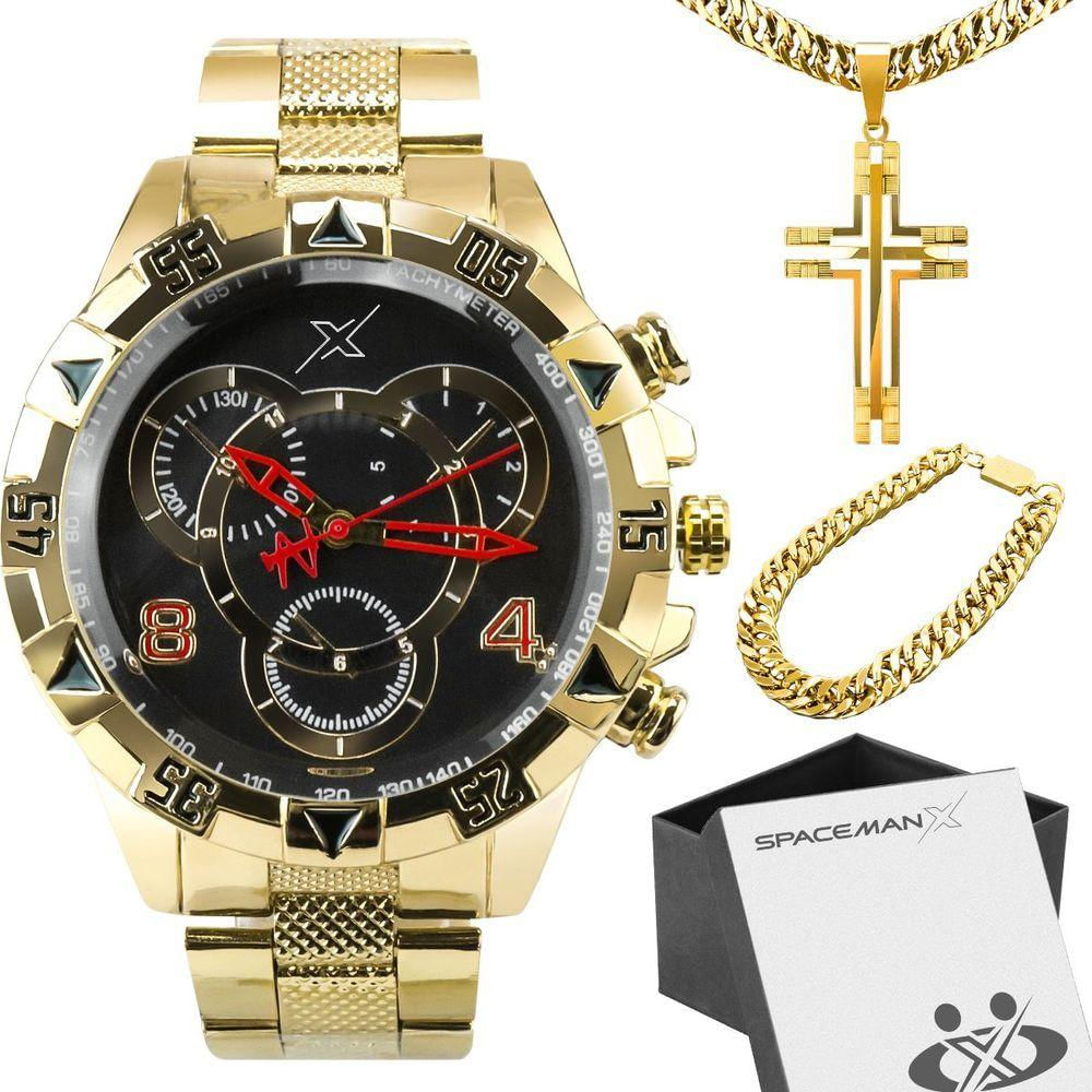 Corrente + Caixa + Relogio Masculino Aço Dourado Religioso