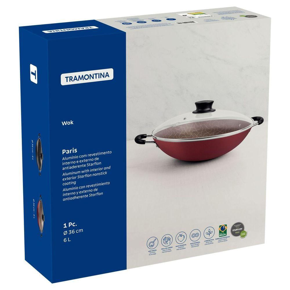 Wok Tramontina Paris Em Alumínio Antiaderente Vermelho Com Tampa De Vidro 36 Cm 6,0 L