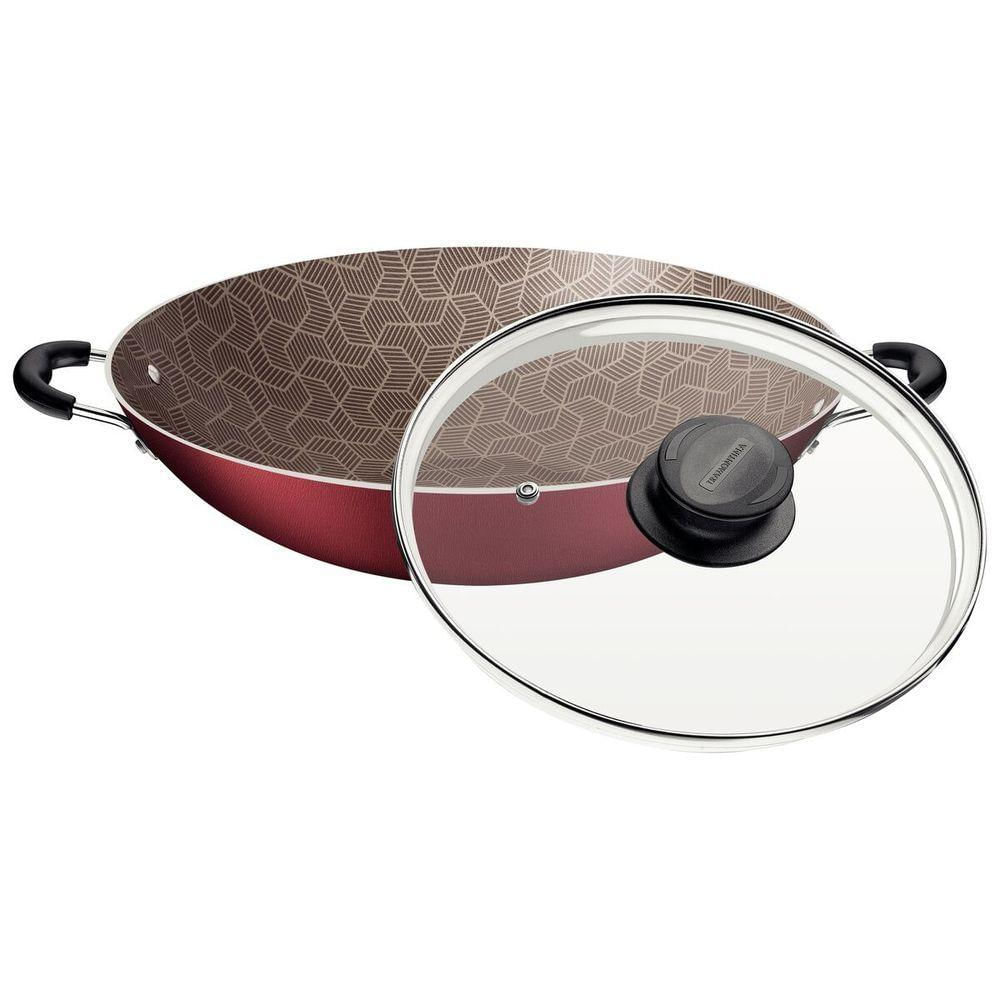 Wok Tramontina Paris Em Alumínio Antiaderente Vermelho Com Tampa De Vidro 36 Cm 6,0 L