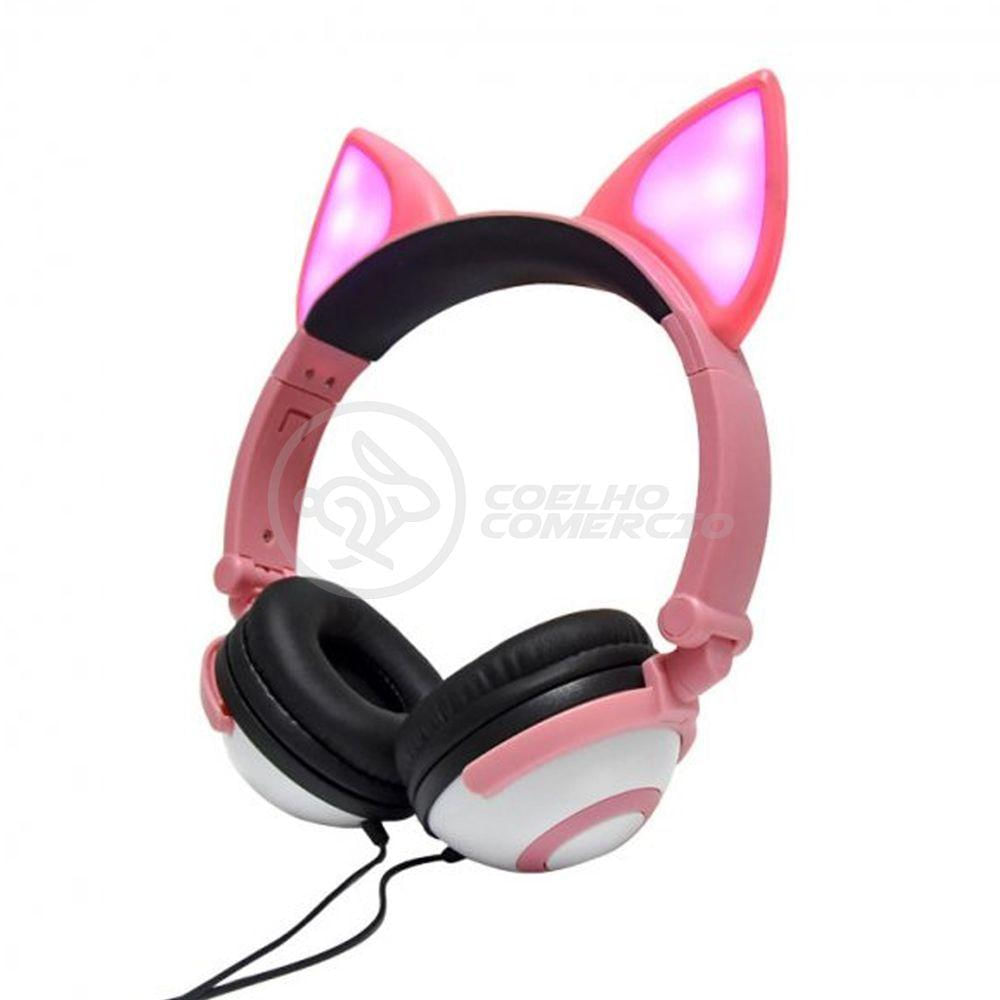 Fone De Ouvido Gatinho S/Fio C/Led Dobrável Rosa Branco