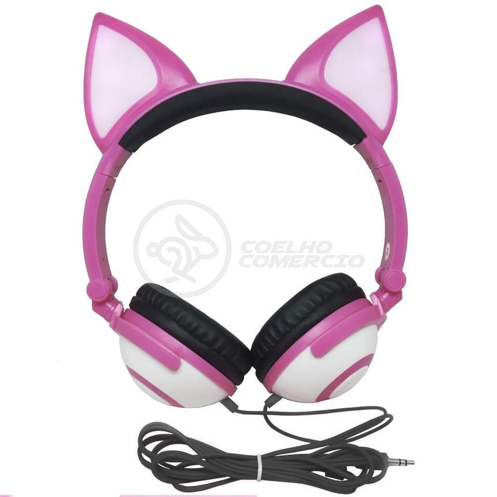 Fone De Ouvido Gatinho S/Fio C/Led Dobrável Rosa Branco