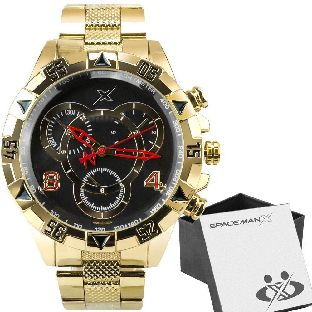 Relogio Masculino Dourado Inoxidavel Aço + Caixa Premium Grande Analogico Mostrador Preto Ponteiro