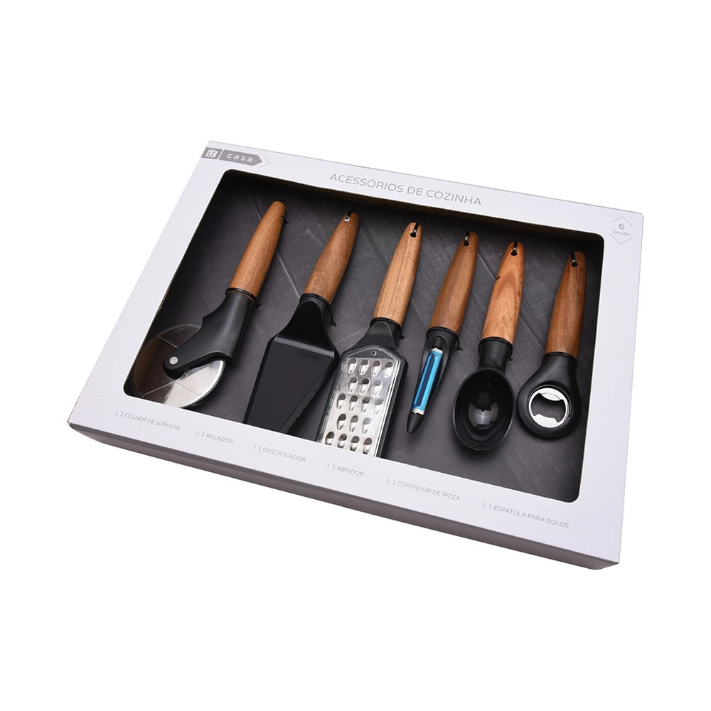 Conjunto de utensílios para Cozinha em Inox com Cabo de Madeira