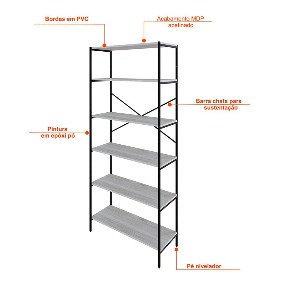 Estante com 6 Prateleiras Tub Snow e Preta 80 cm
