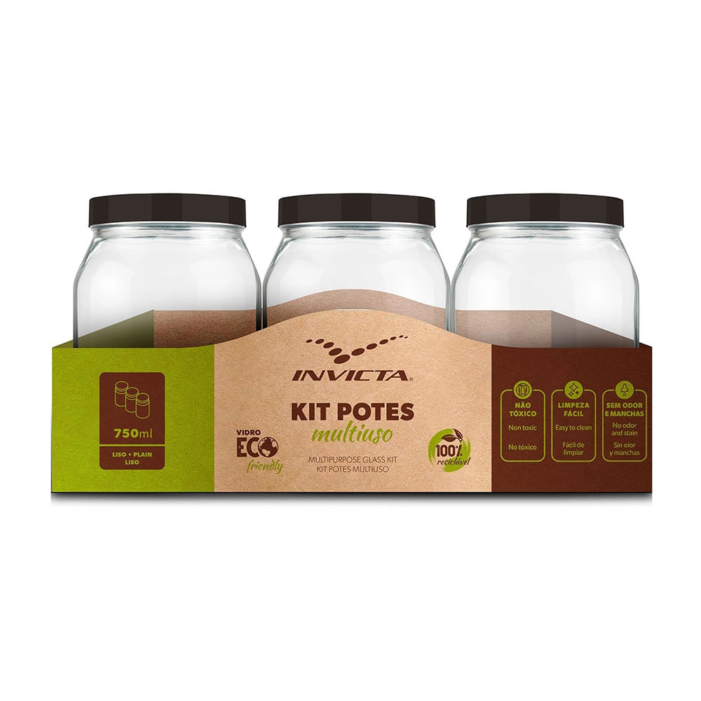 Conjunto de Potes para Mantimentos Invicta Liso 3 Peças 750ml Preto