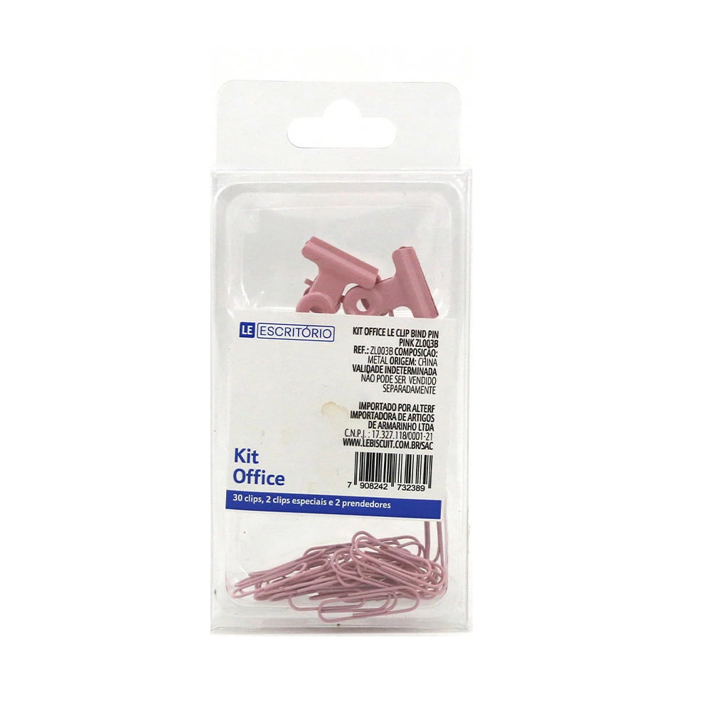 Kit Office Le Pink com Binder Clip Cat 33mm, Binder Clip 22mm e Clip Paper 28mm 34 Peças