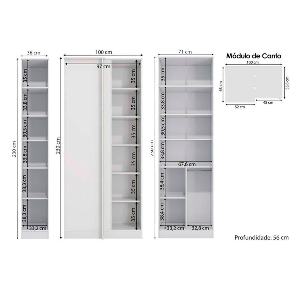 Quarto Modulado Casal Adapt 3 Peças ( 2 Armários + 1 Closet De Canto Obliquo) Qcm146 Branco - Kappesberg