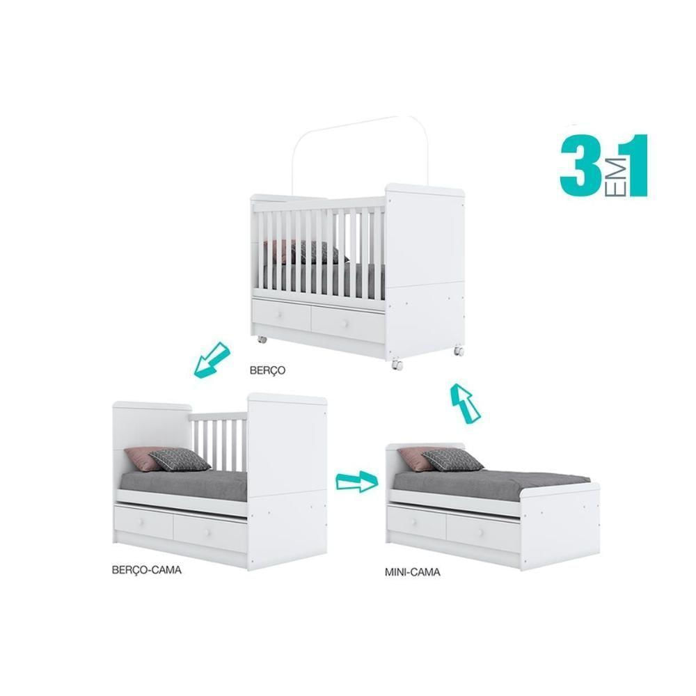 Berço - Mini Cama Infantil Aquarela 3 Em 1 C- 2 Gavetas Branco Cristal - Henn