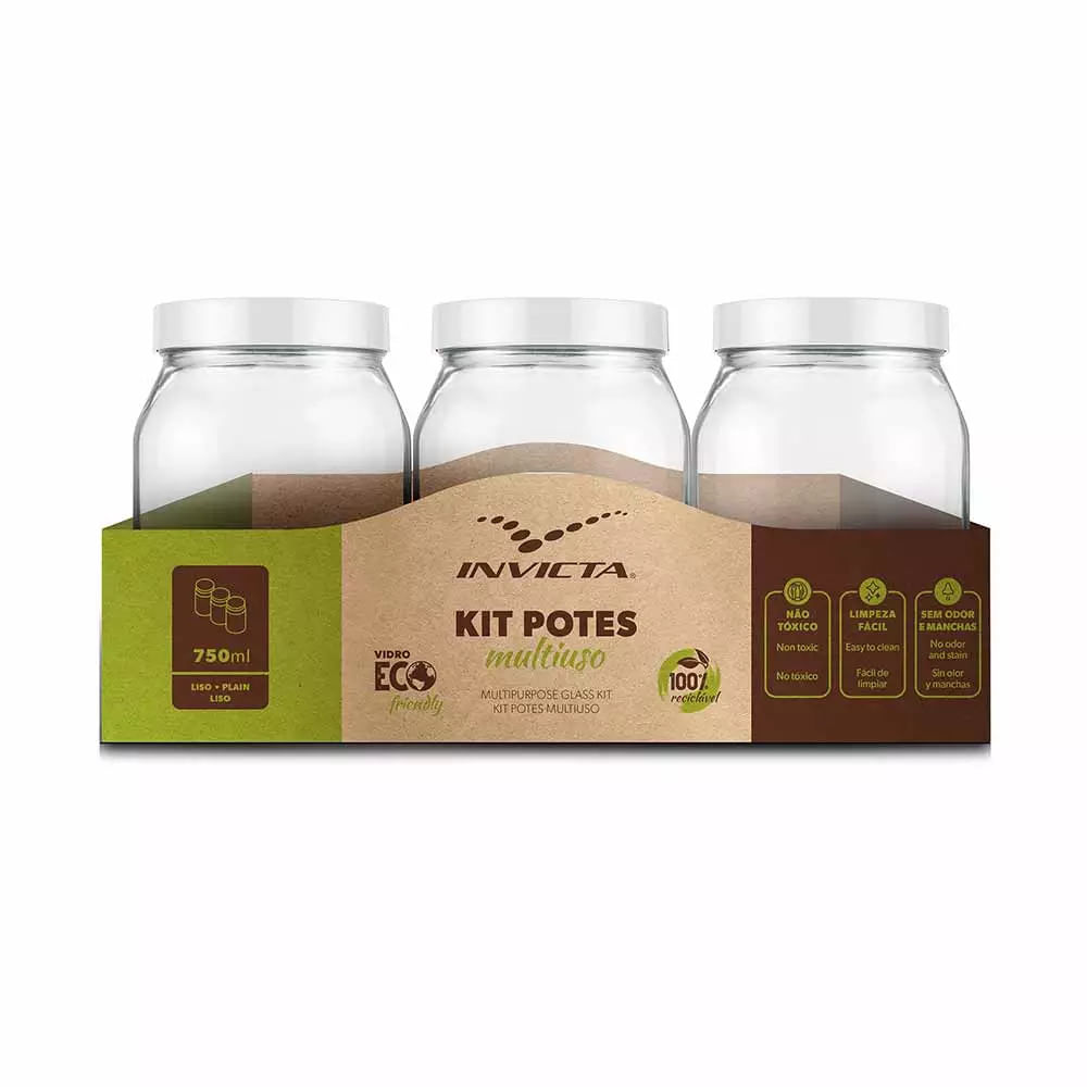 Conjunto de Potes para Mantimentos Invicta Liso 3 Peças 750ml Branco