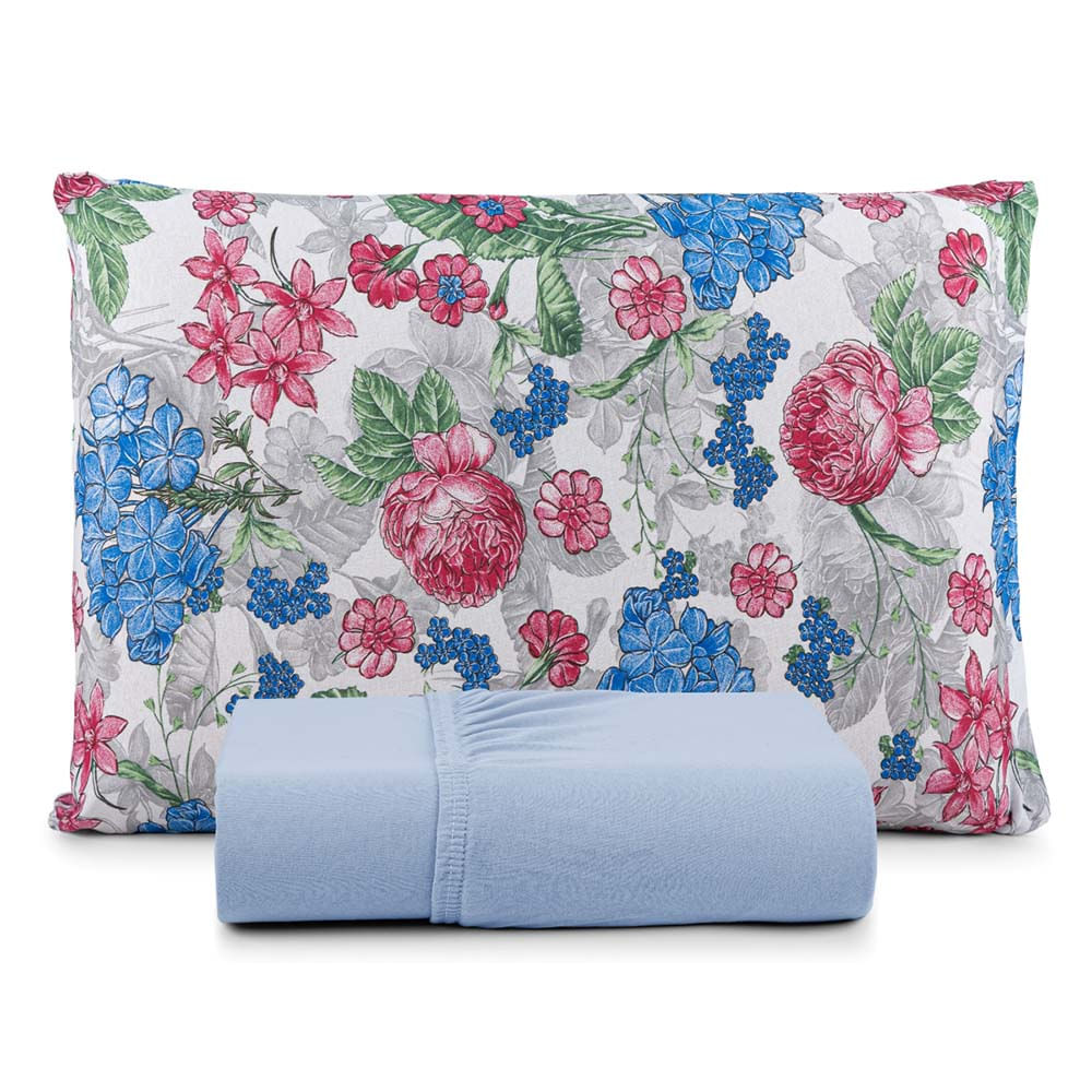 Jogo de Lençol Luar Solteiro 2 Peças Malha 100% Algodão Estampado - Azul Floral