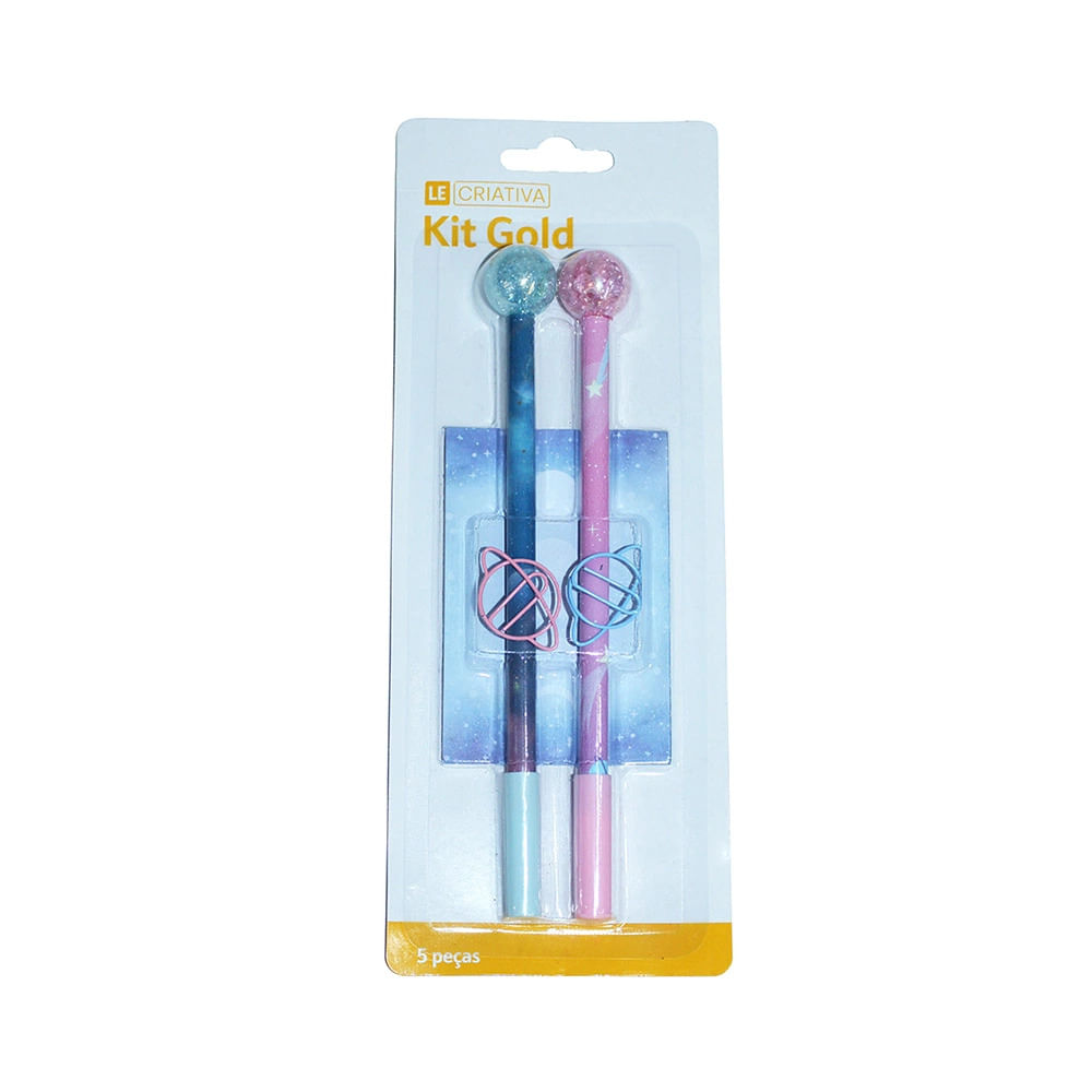 Kit Gift Le Metalizado Gold com 1 Bloco Anotações, 2 Canetas Fine, 2 Clips 20mm