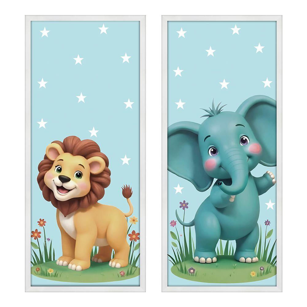 Kit 2 Quadros 25x60 Infantil Safari Estrelado Moldura Branca