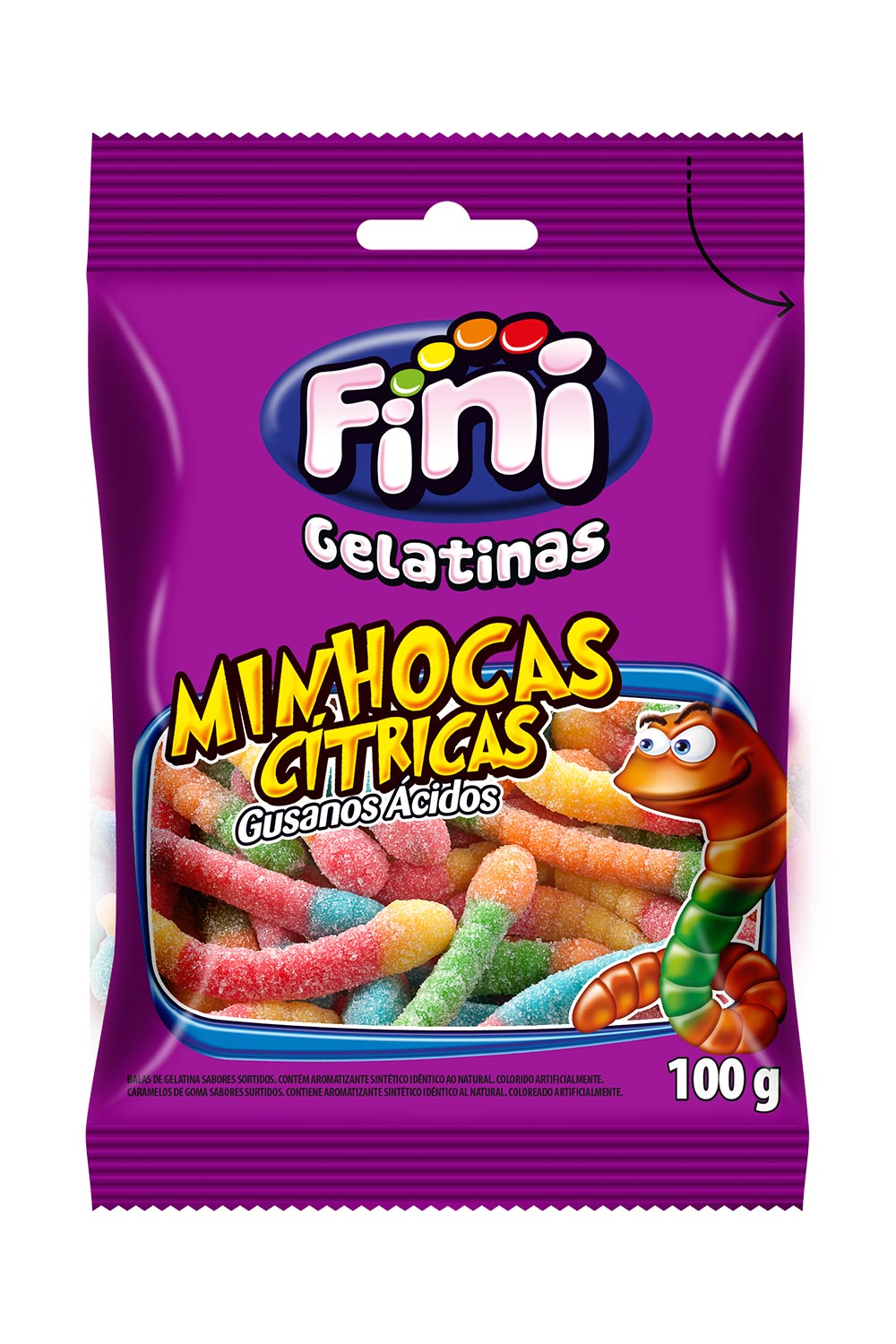 Bala Gelatina Minhocas Cítrica Fini 100g