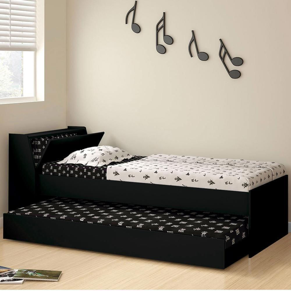 Cama Solteiro Bicama Cabeceira Bau 220x88 Bb28 Preto Dtall Preto