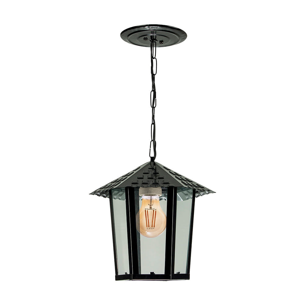 Lustre Pendente Blumenau Colonial Sextavado Vidro Liso E27 Bivolt Preto Fosco