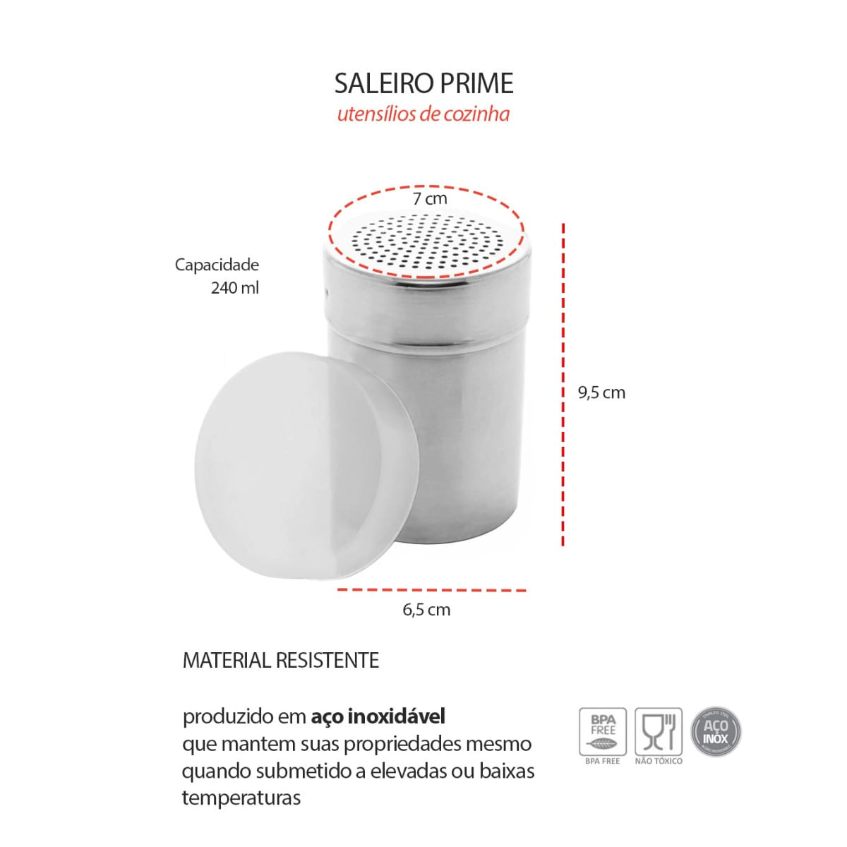 Saleiro Inox Porta Tempero Condimentos e Tampa Transparente 240ml