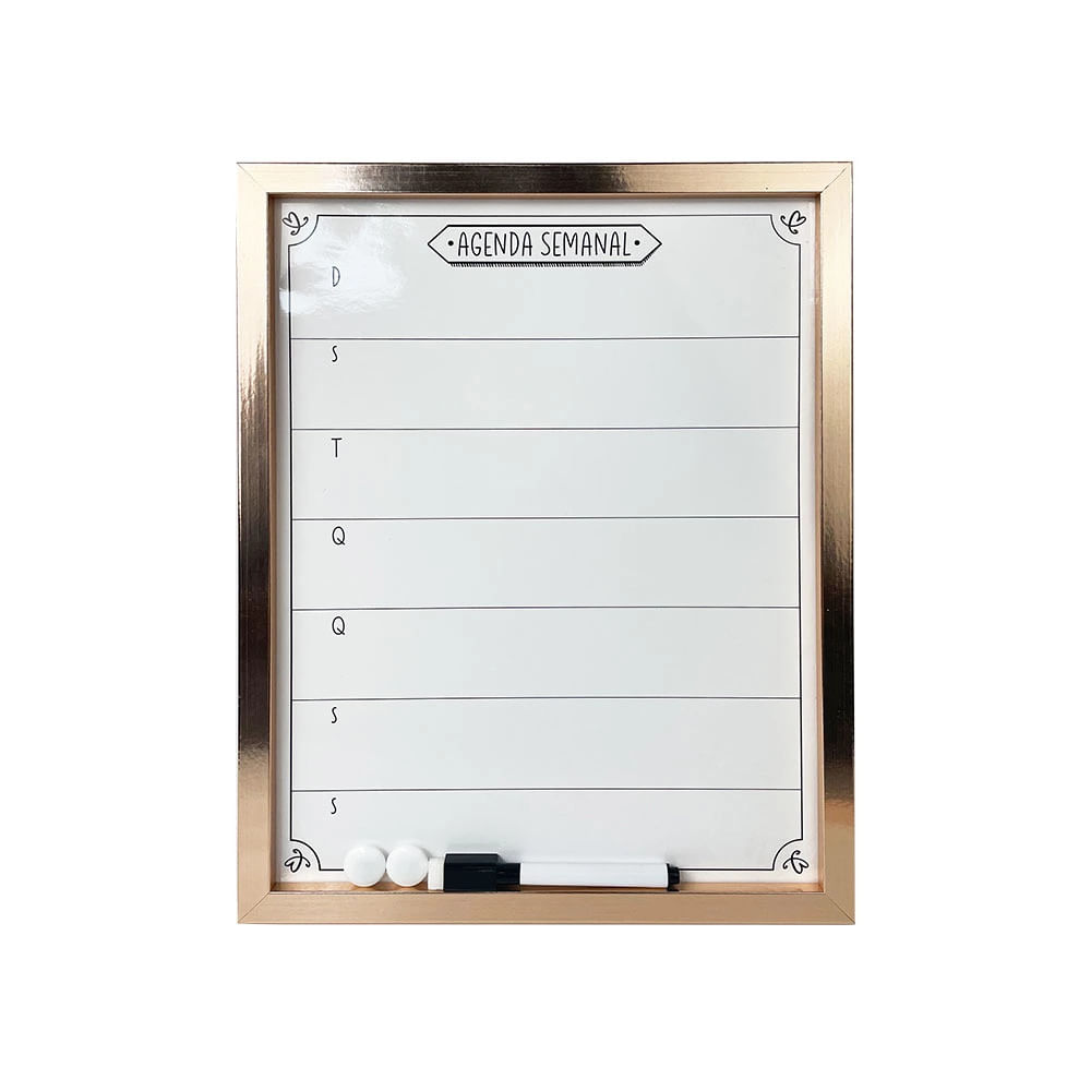 Quadro Magnético Branco Le Planejamento Semanal com Marcador e Imãs Rosé Gold 35,5x27,9cm