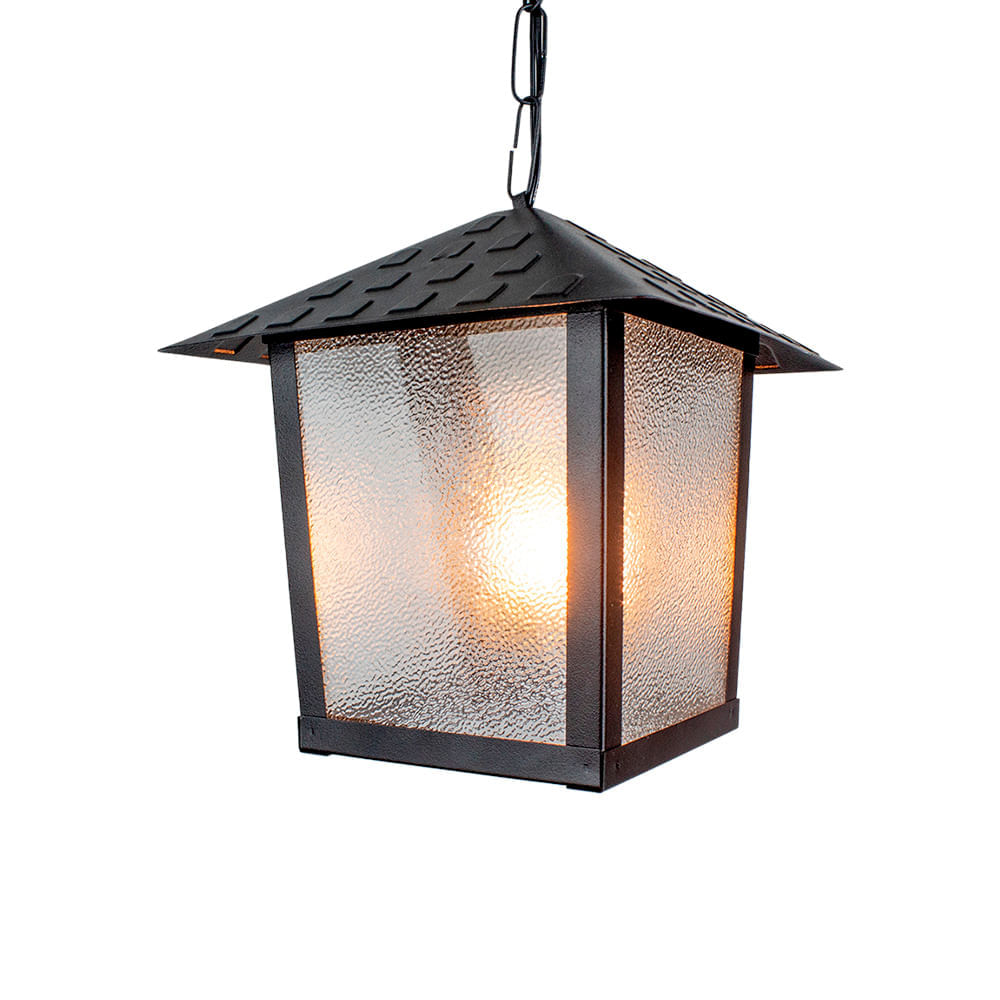 Lustre Pendente Blumenau Colonial Nina Quadrado Vidro Pontilhado E27 Bivolt Preto Fosco