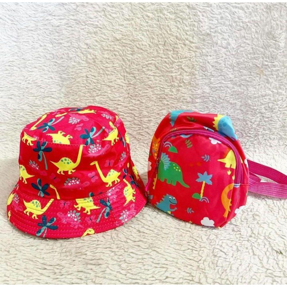 Kit Chapéu Boné Bucket Mais Mochila Dupla Face Feminino Moda Praia Infantil vermelho Estampado