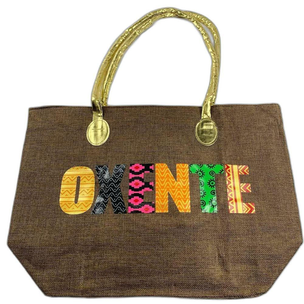 Bolsa De Praia Palha Feminina Com Zíper De Ombro Oxente Sacola Ecobag Tote Juta Com Alça Dourada marrom