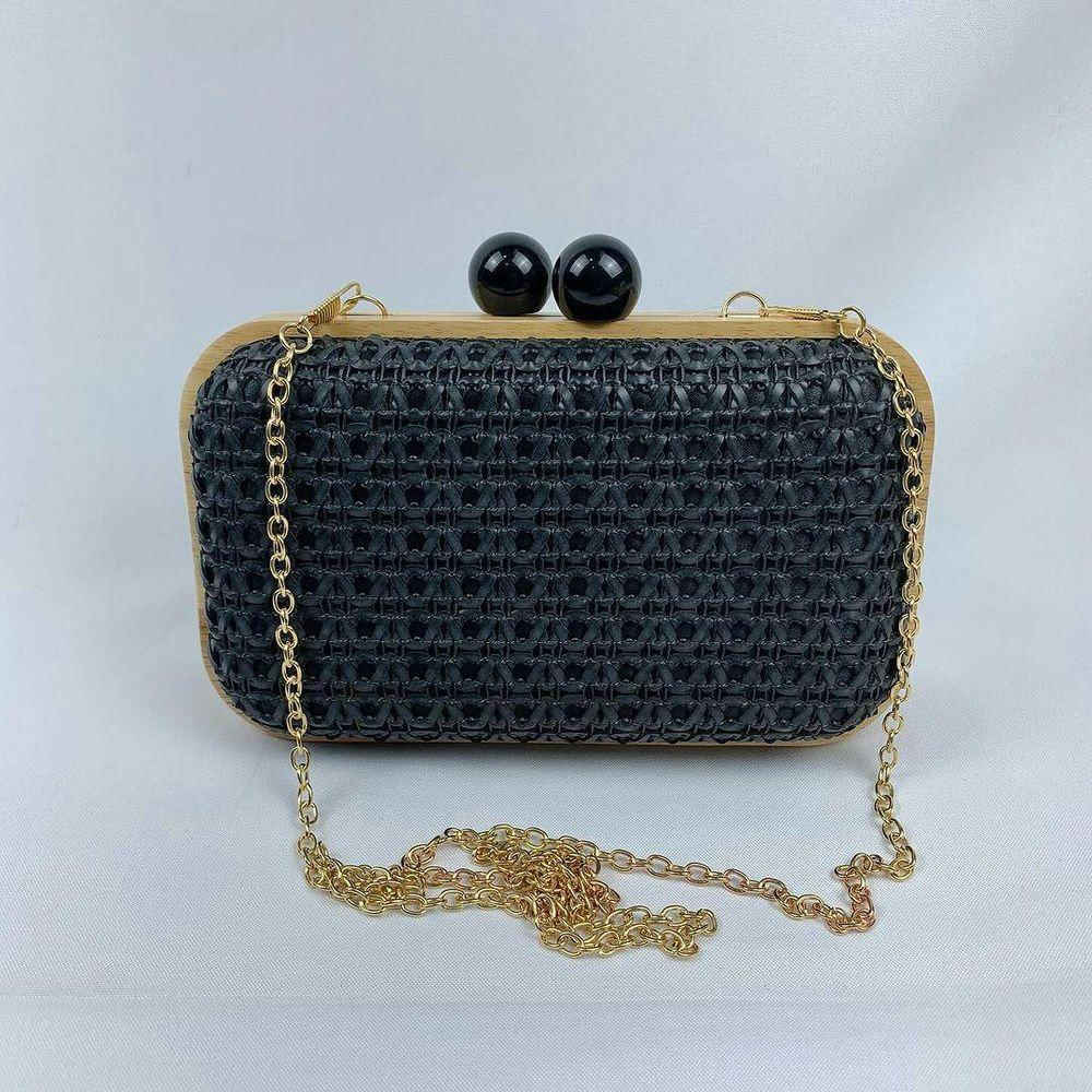 Bolsa Clutch Textura Palha Com Alça De Ombro Tranversal Festa Casamento preto