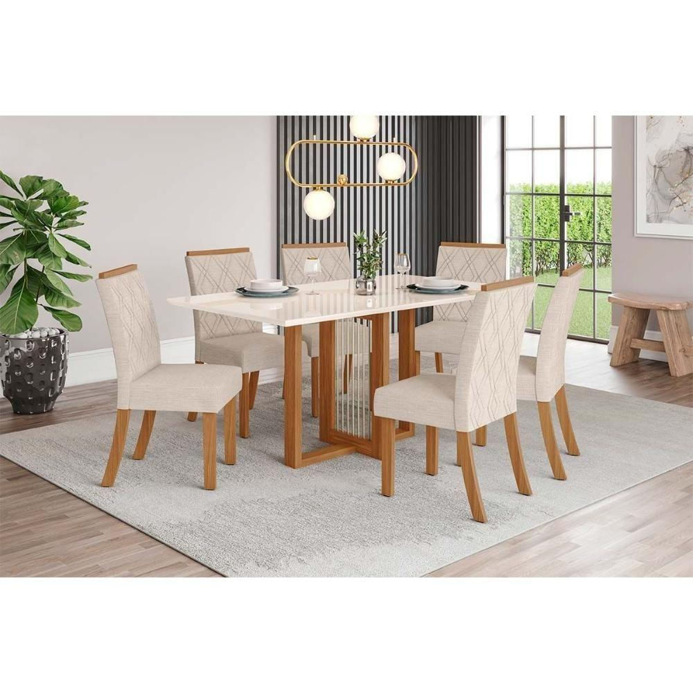 Conjunto Mesa Sala Jantar Natalí Com Tampo Madeirado Com Vidro Reto 160x90cm E 6 Cadeiras Vita Nature Linho Henn