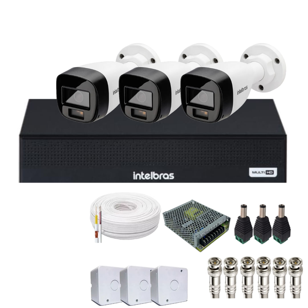 Kit 3 Câmeras Intelbras 1120b Full Color, Dvr 4ch Mhdx 1004c  Sem Hd