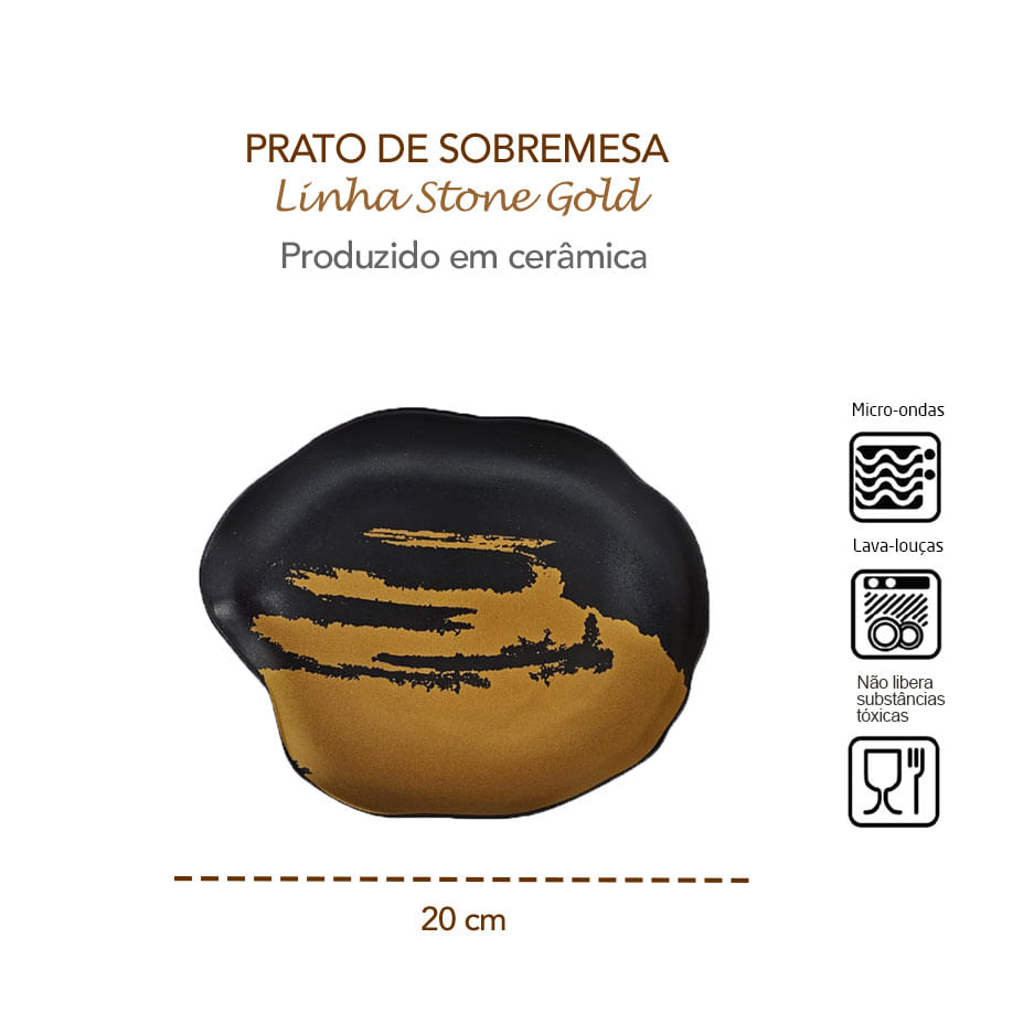 Prato de Sobremesa Preto Dourado Ceramica Fosco Stone 6un