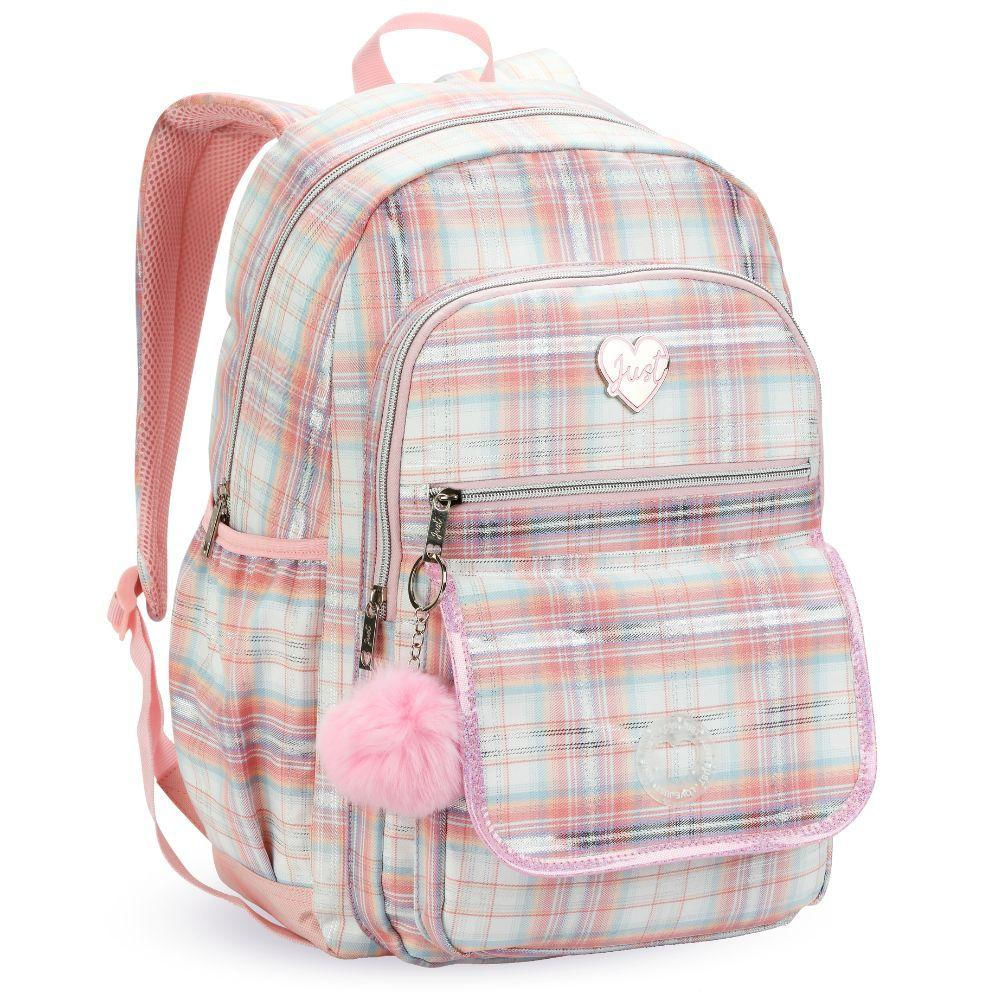 Mochila De Costas Feminina Xadrez Love Just Com Pompom Denlex Rosa