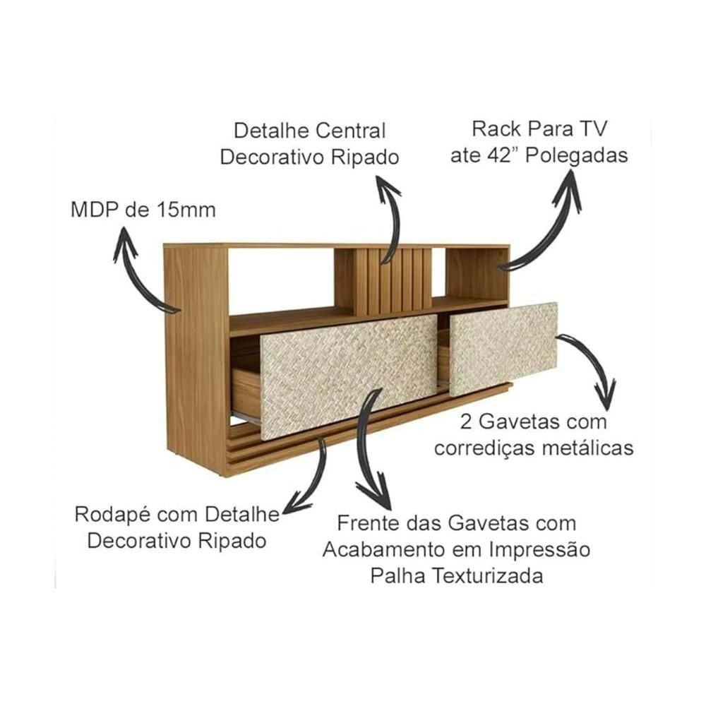 Home P- Tv Até 50 Pol Pa2913-r1479 C- 2 Gavetas 136x88cm Natural-palha - Tecno Mobili