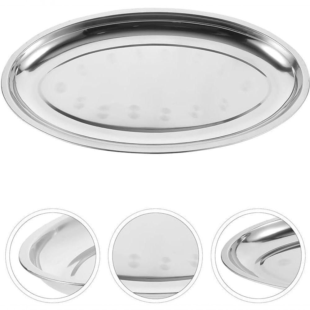 Bandeja Travessa Para Servir Oval Grande Prateada Inoxidável 39cm