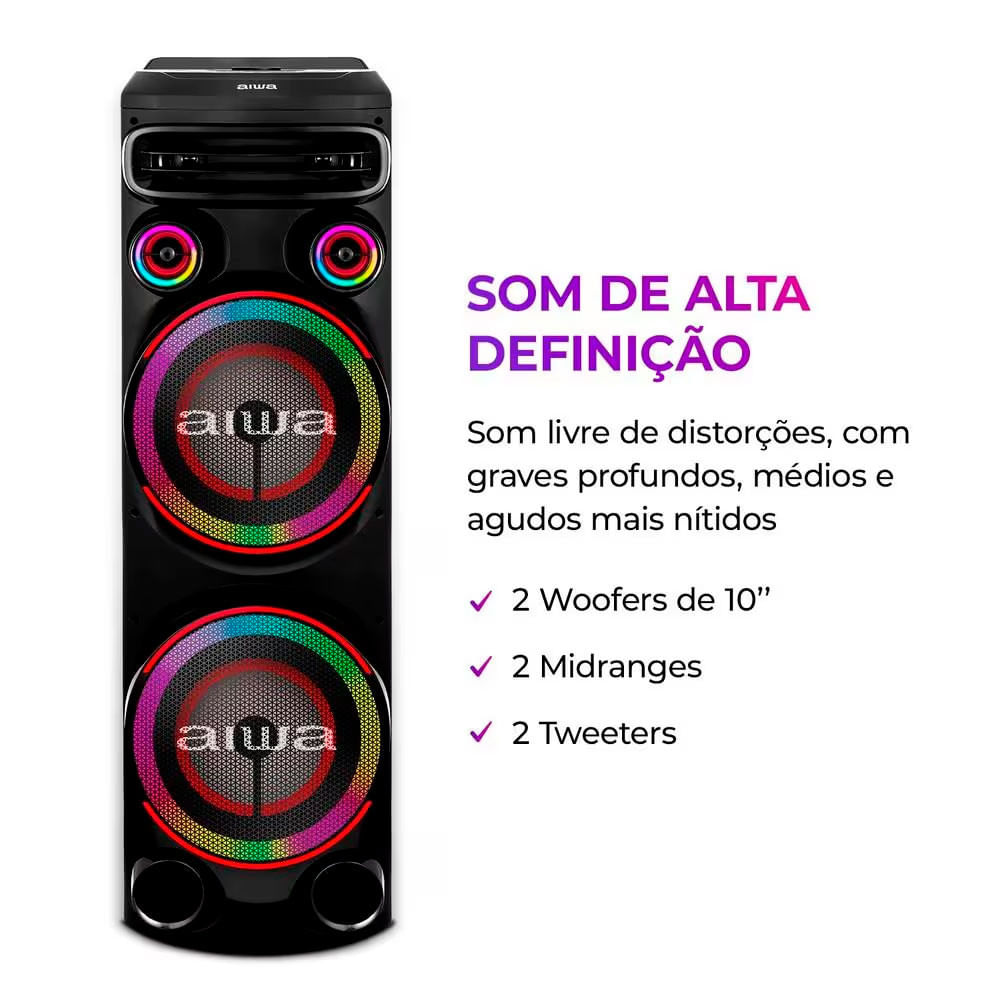 Torre de Som Aiwa T2W-02 com Bluetooth, Iluminação RGB e Entrada USB 2300W RMS n/a / Bivolt