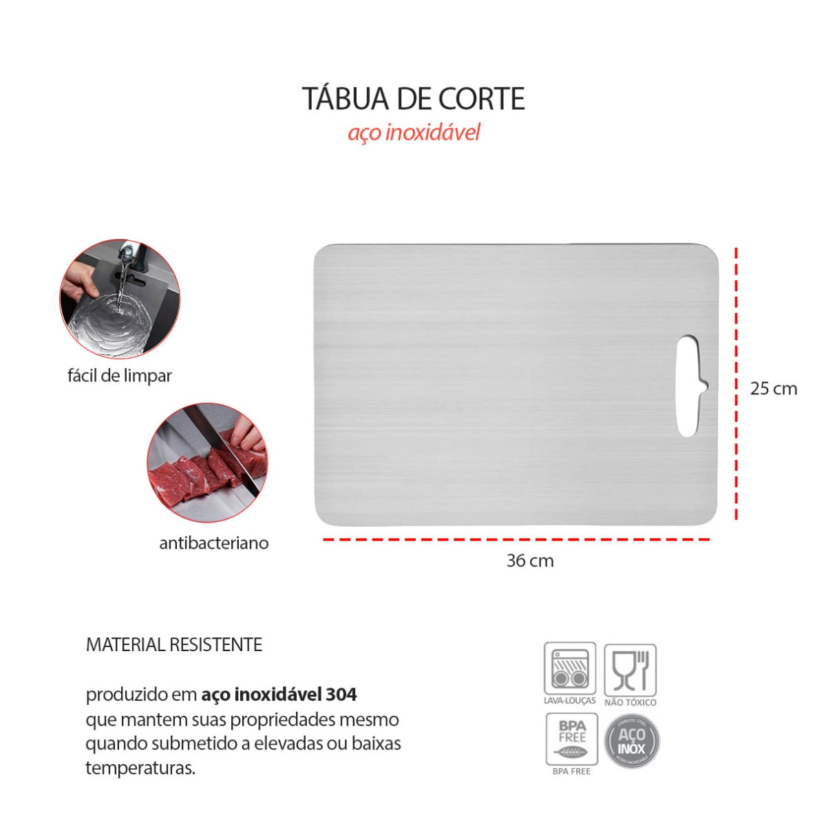 Tabua de Carne Corte Cozinha Profissional Aço Inox 36x25cm