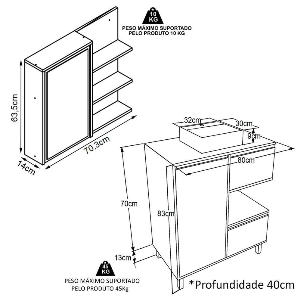 Gabinete 80 Cm Espelheira E Cuba Preta Cj2001 Mell Arenas Faem Mell Arenas