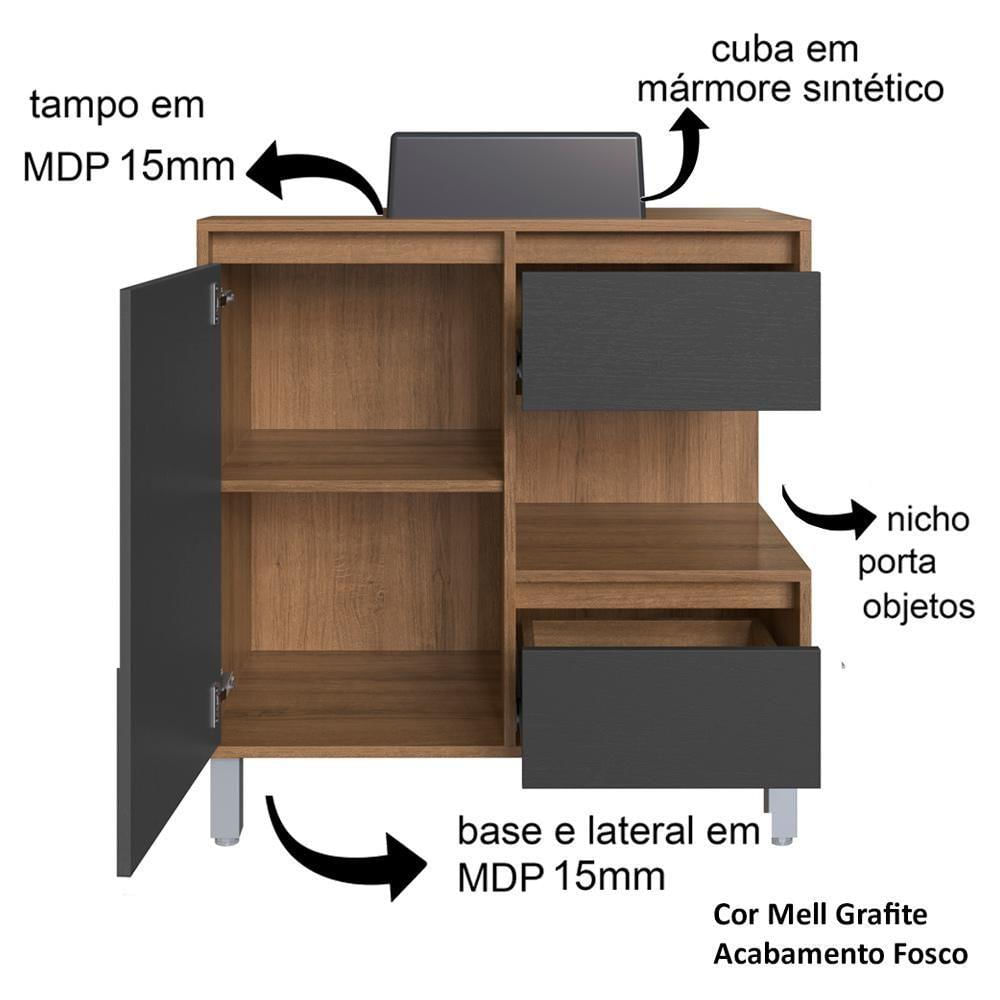 Gabinete 80 Cm Espelheira E Cuba Preta Cj2001 Mell Grafite Faem Mell Grafite