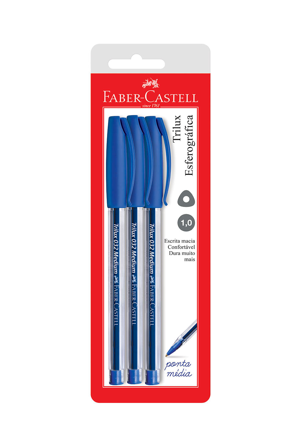 Caneta Esferográfica Faber-Castell Trilux 1.0mm Azul com 3 Unidades