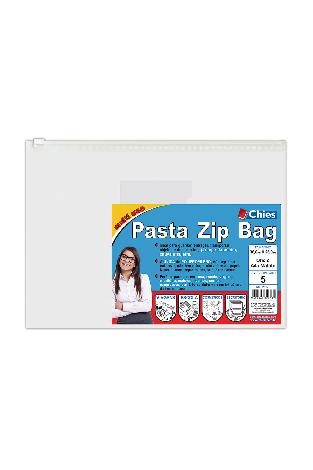 Pasta Zip Bag Chies A4 com 5 Unidades Cristal 36x26cm