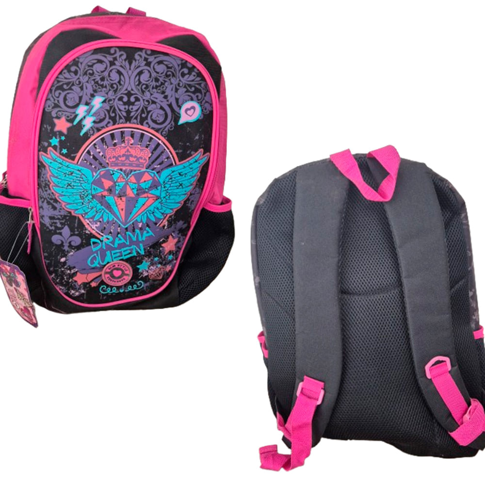 Mochila Escolar 2 Zíperes Drama Queen Preto e rosa