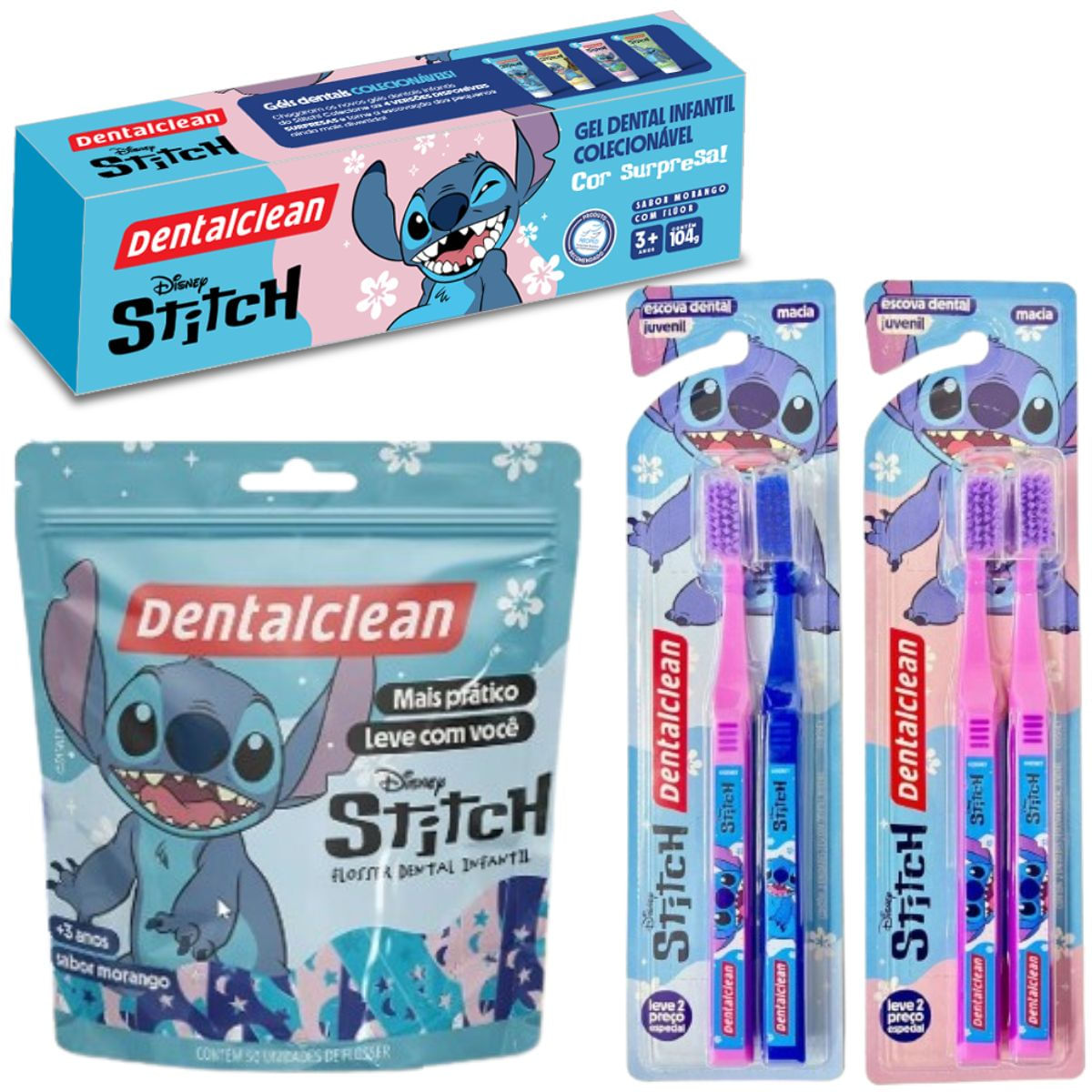 GEL DENTAL + ESCOVA JUVENIL + FLOSSER - STITCH - DENTALCLEAN