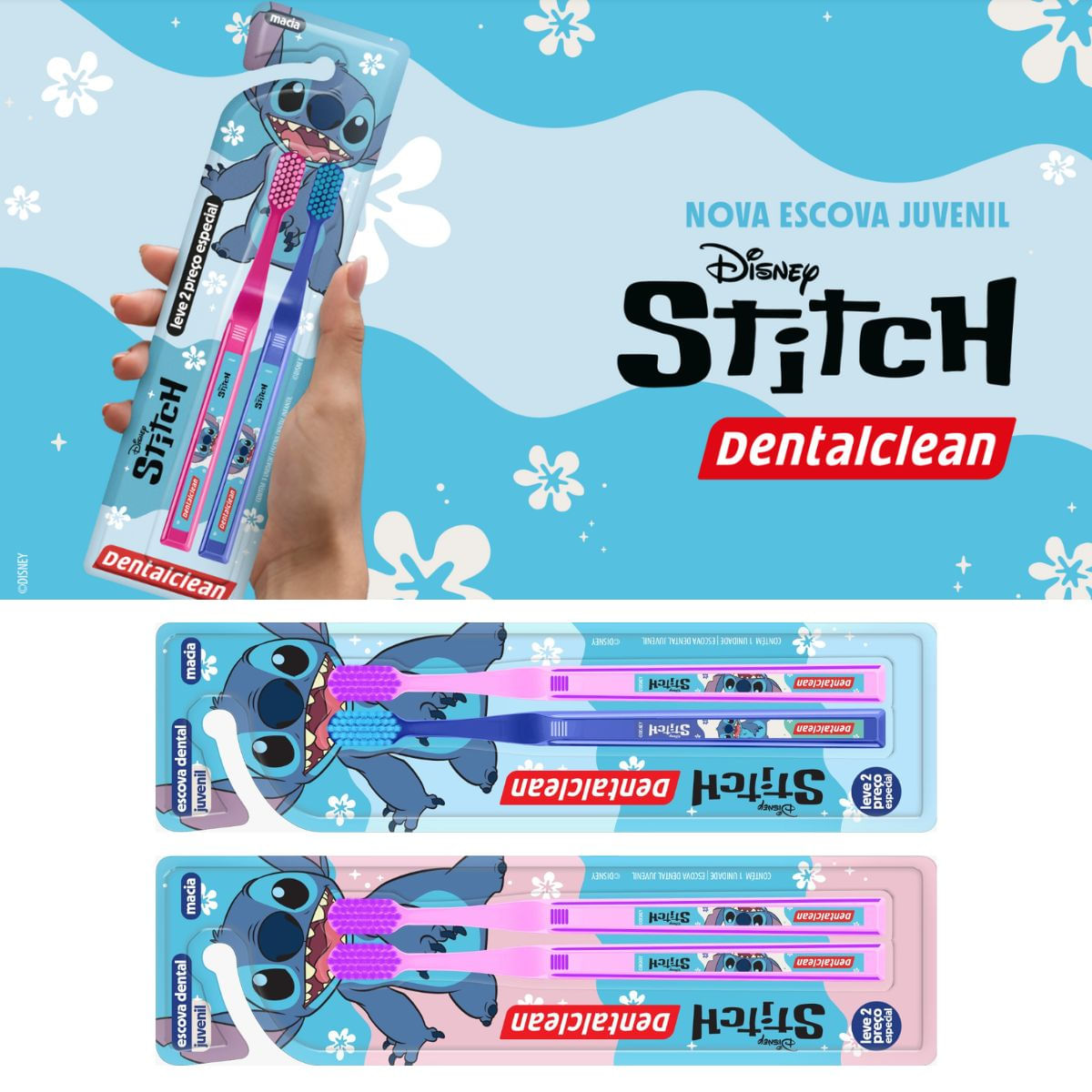 GEL DENTAL + ESCOVA JUVENIL + FLOSSER - STITCH - DENTALCLEAN