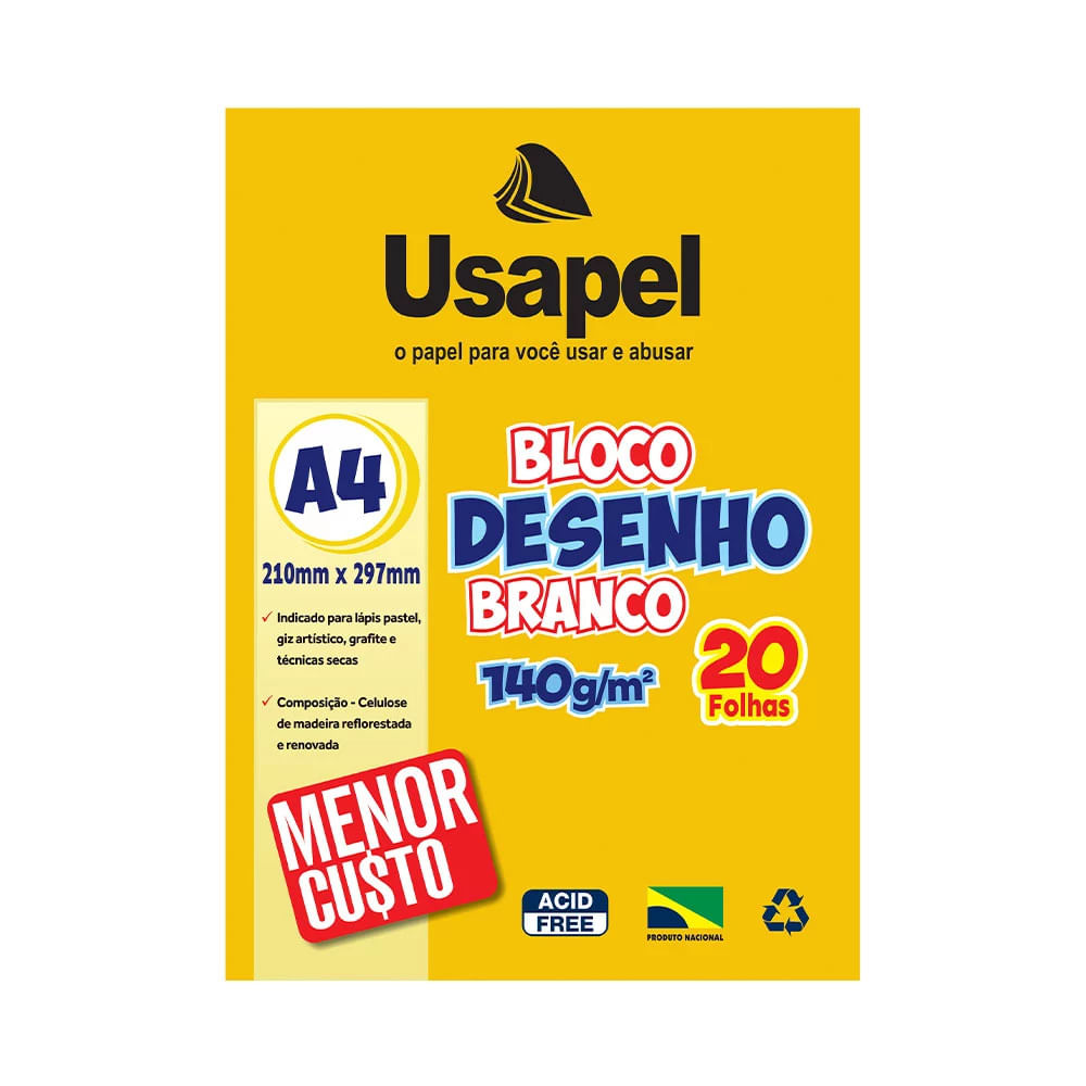 Bloco de Desenho Usapel A4 com 20 Folhas Branco 210x297mm 140g