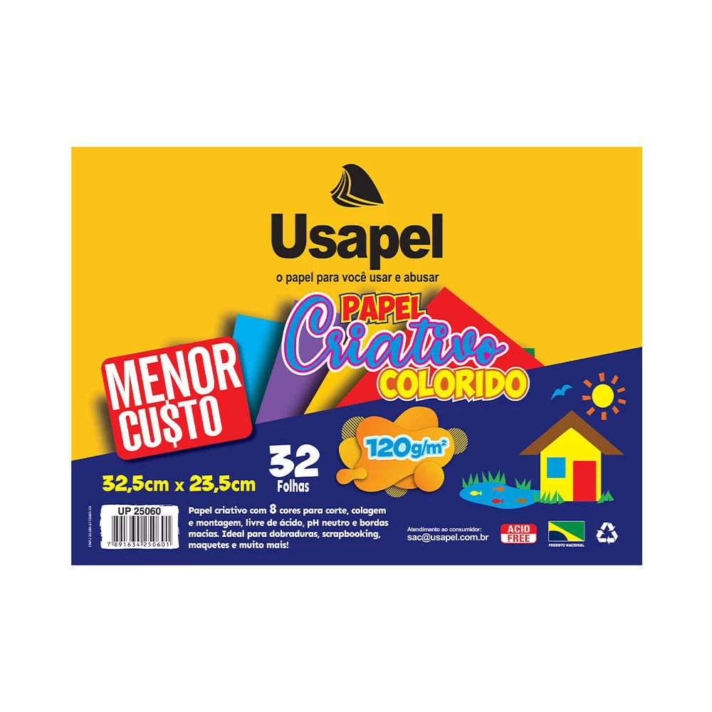 Bloco Criativo Usapel com 32 Folhas em 8 Cores 325x235mm 120g